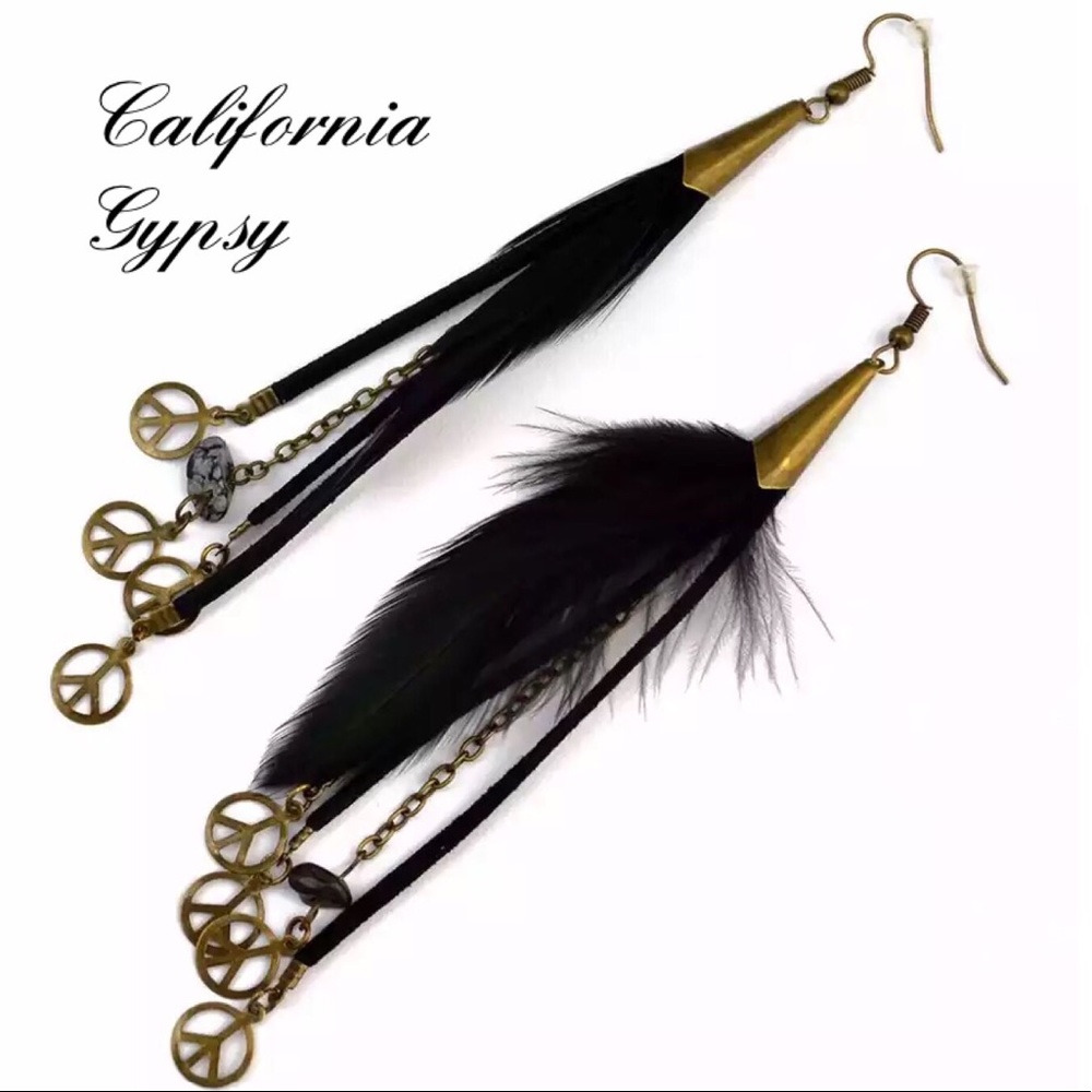 Suede boho Hippie feather peace sign earrings